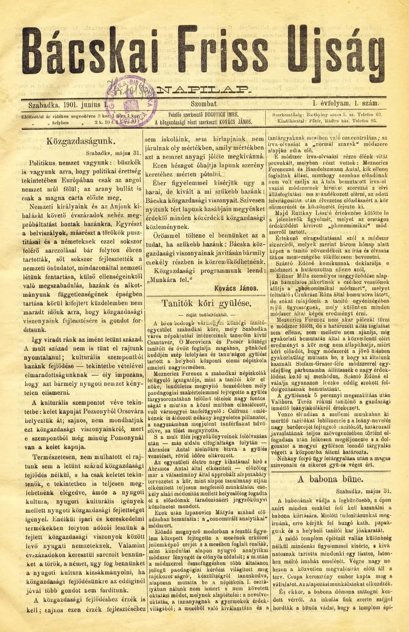 Bácskai Friss Ujság, 1. évf. 1901. június 1. 1. sz.