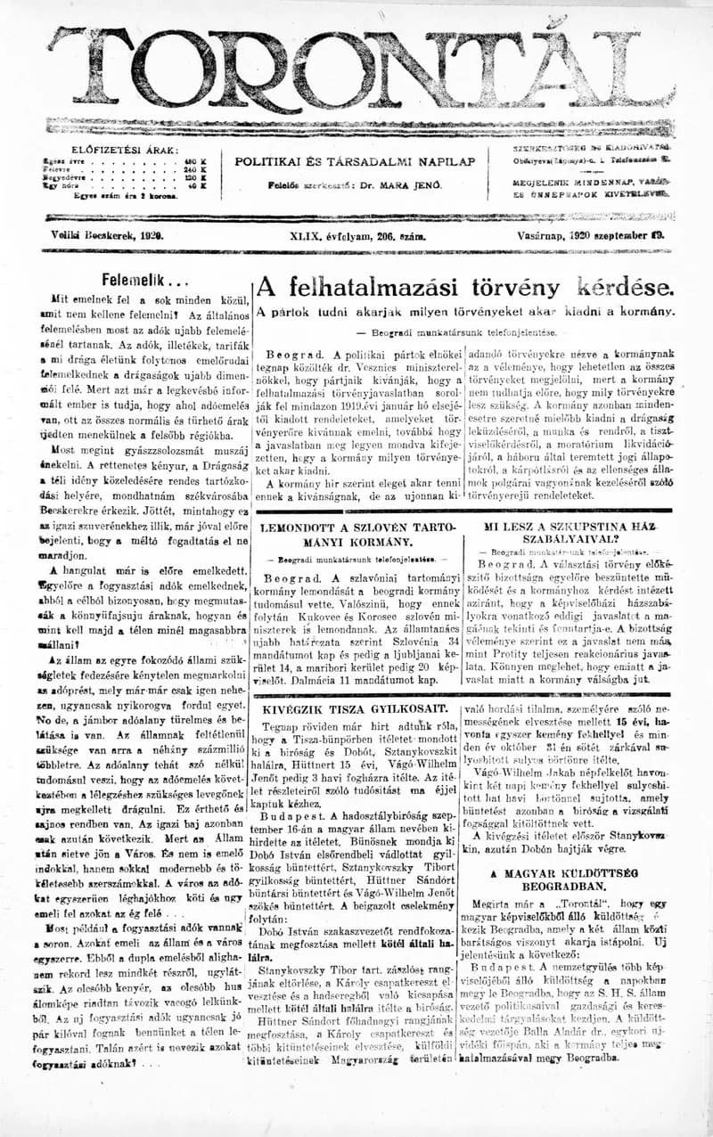 Torontál, 49. évf. 1920. szeptember 19. 206. sz.