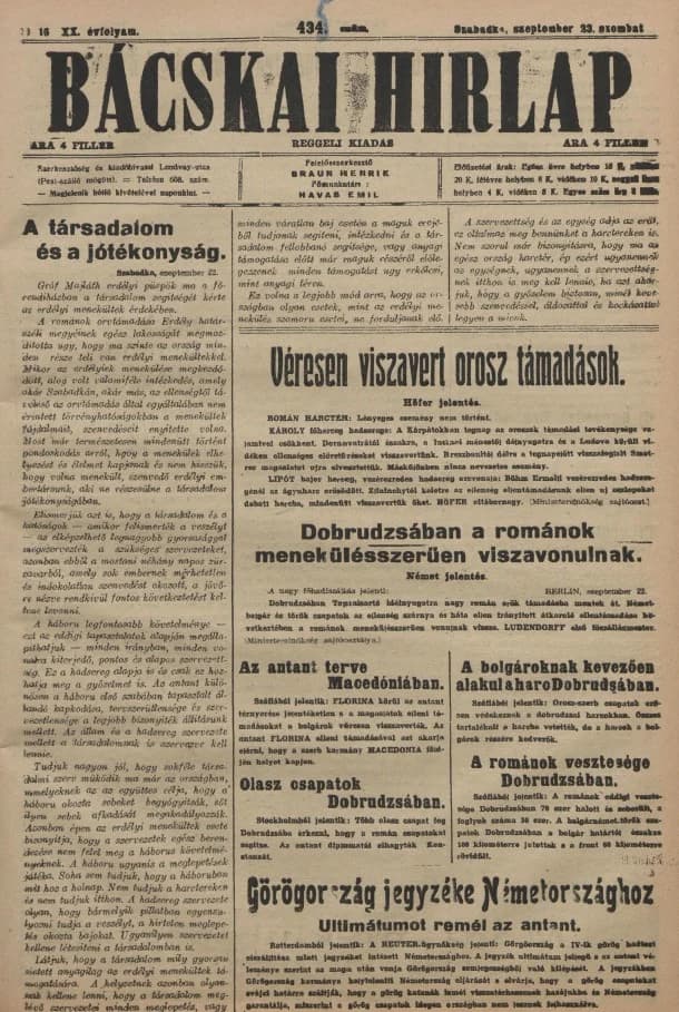 Bácskai Hirlap, 20. évf. 1916. szeptember 23. 435. sz.