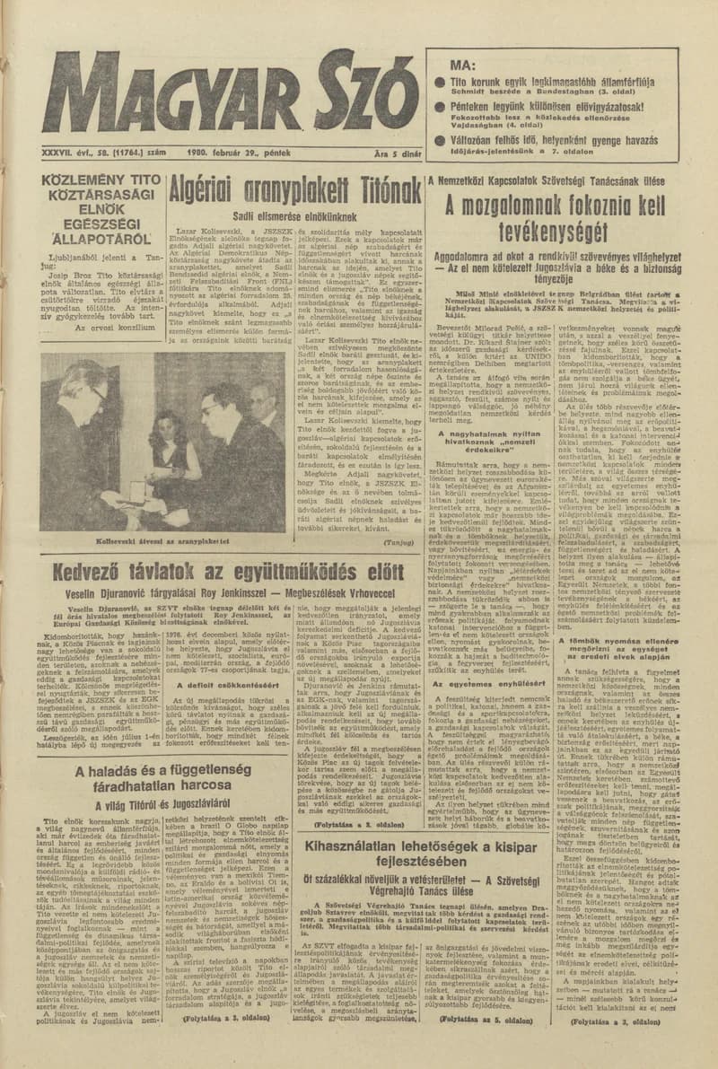 Magyar Szó, 37. évf. 1980. február 29. 58. sz. 1–20. oldal