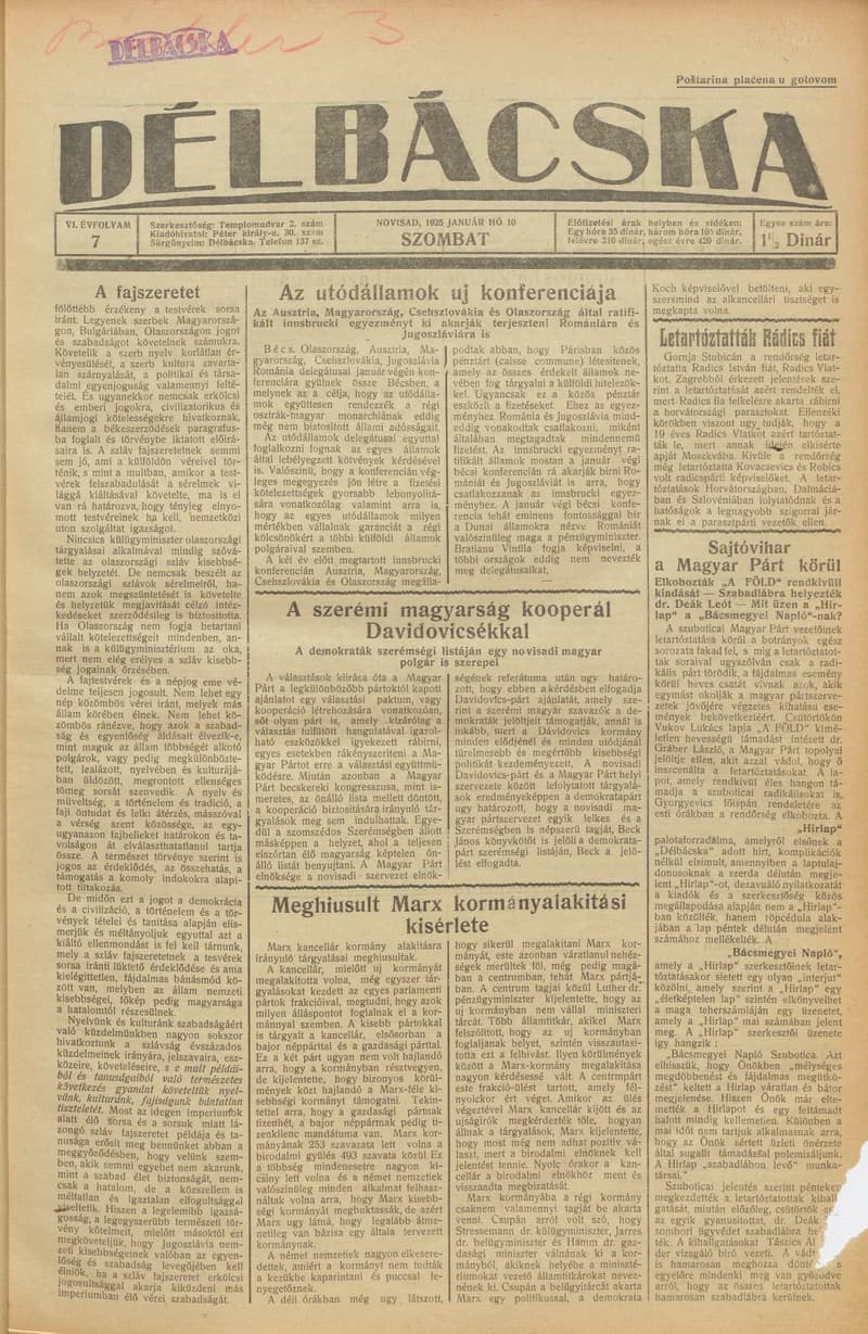 Délbácska, 6. évf. 1925. január 10. 7. sz.