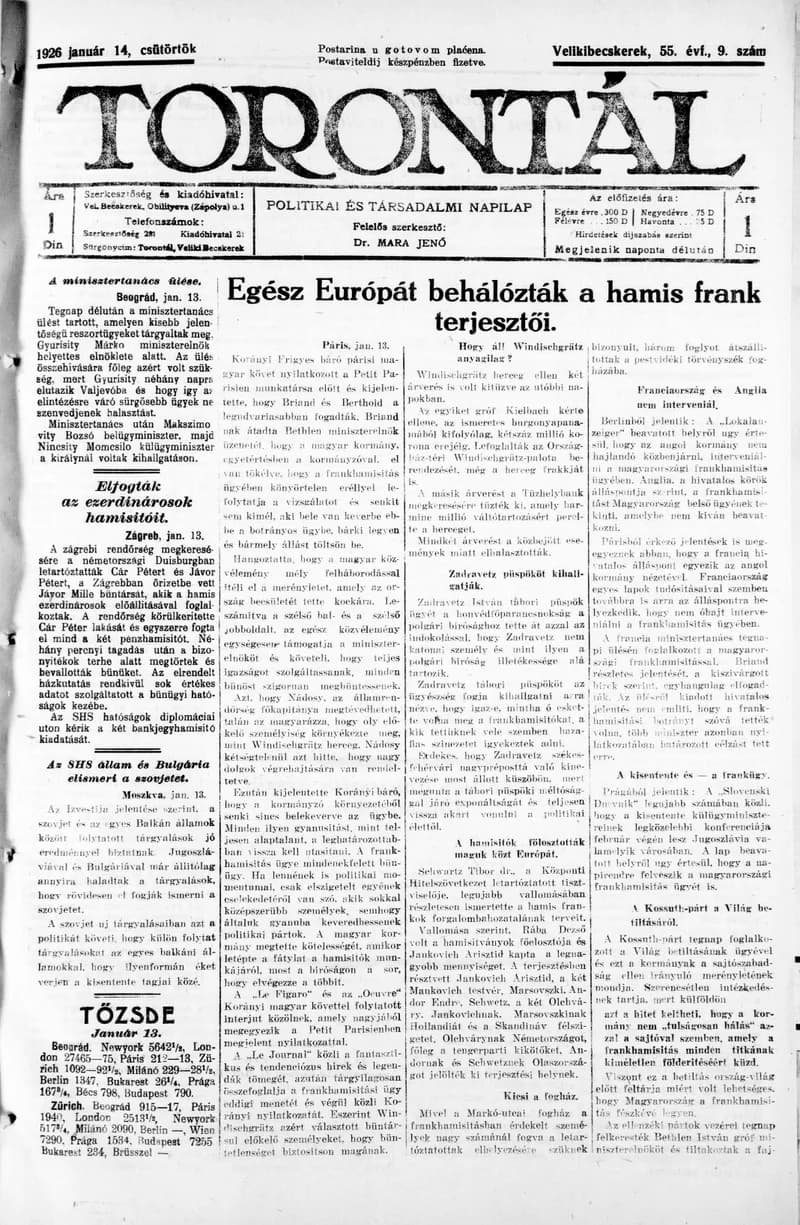 Torontál, 55. évf. 1926. január 14. 9. sz.