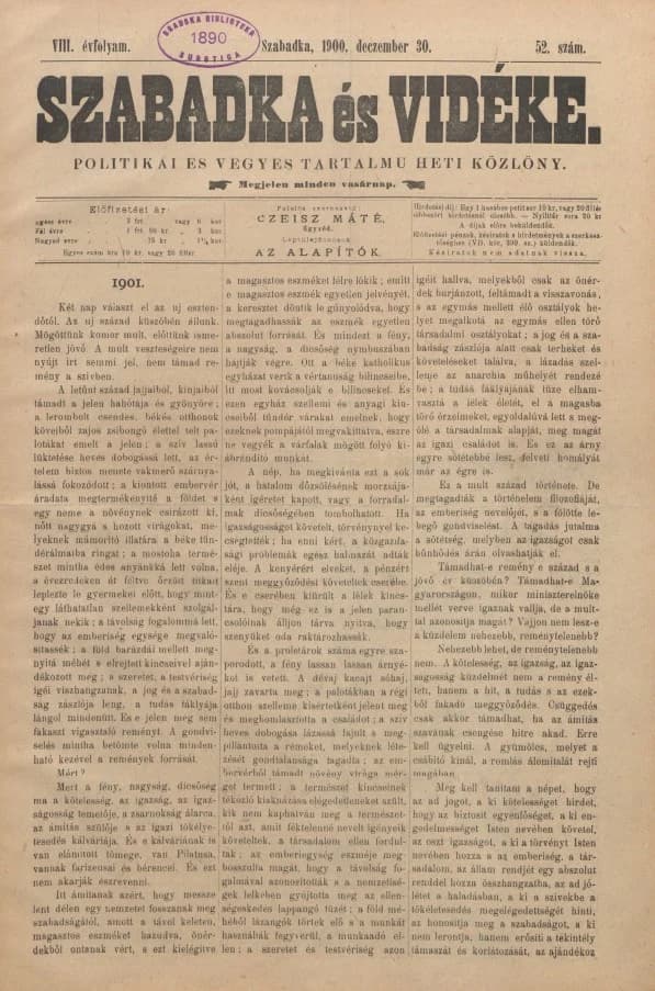 Szabadka és vidéke II, 8. évf. 1900. december 30. 52. sz.