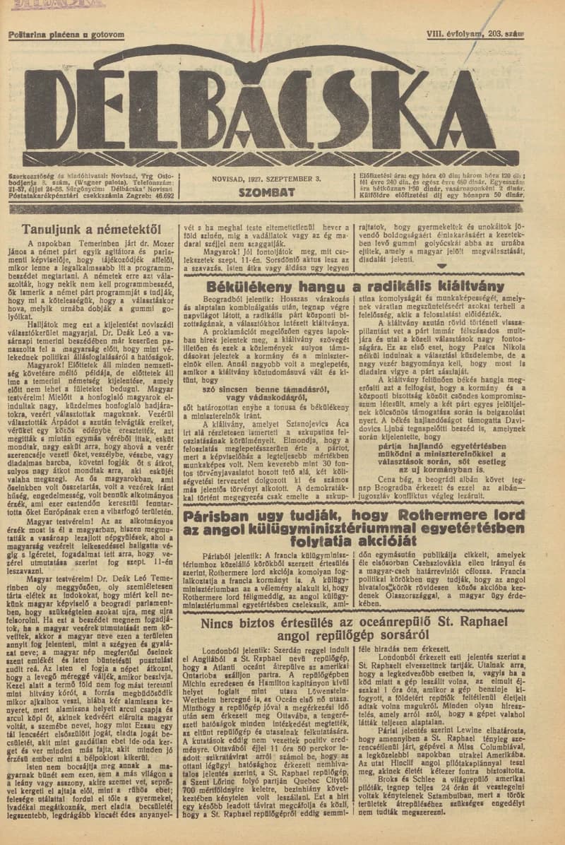 Délbácska, 8. évf. 1927. szeptember 3. 203. sz.