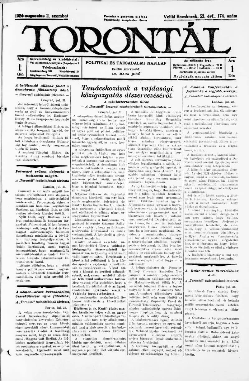 Torontál, 53. évf. 1924. augusztus 2. 174. sz.