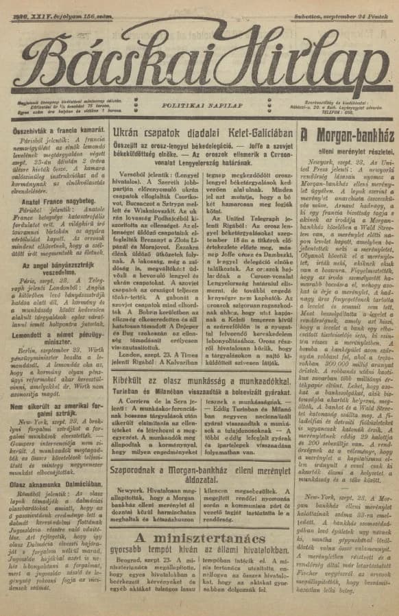 Bácskai Hirlap, 24. évf. 1920. szeptember 24. 156. sz.