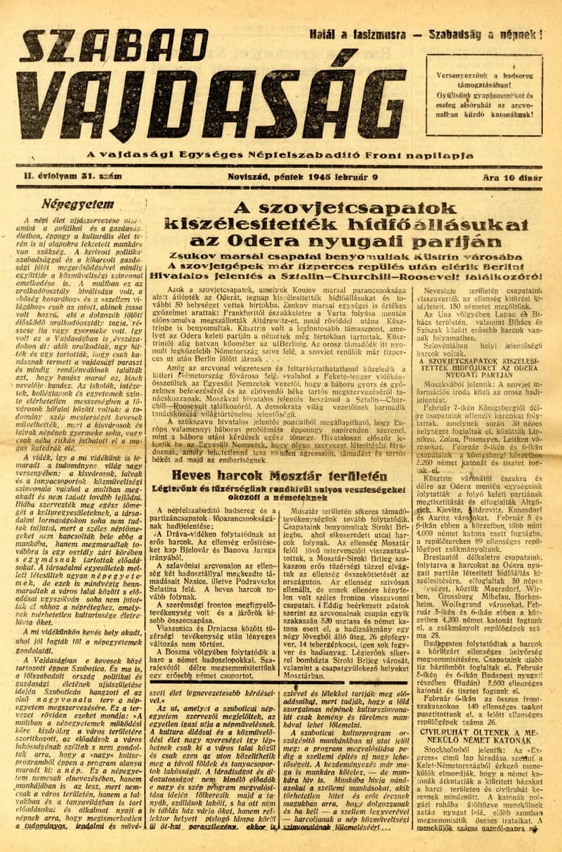 Szabad Vajdaság, 2. évf. 1945. február 9. 31. sz.