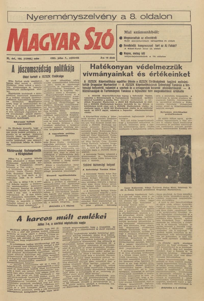 Magyar Szó, 40. évf. 1983. július 7. 184. sz. 1–20. oldal