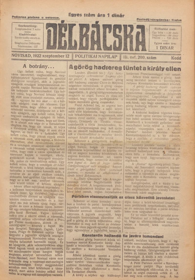 Délbácska, 3. évf. 1922. szeptember 12. 200. sz.
