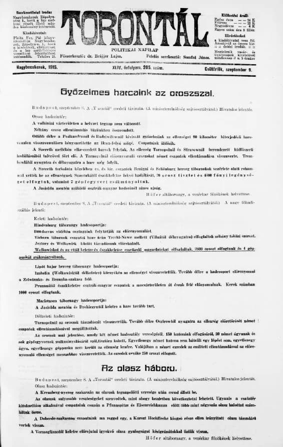 Torontál, 44. évf. 1915. szeptember 9. 205. sz.