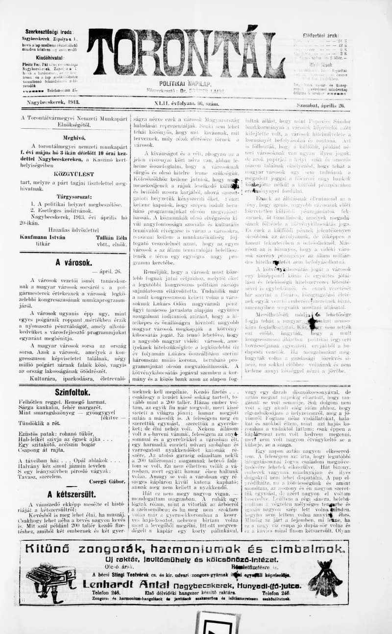 Torontál, 42. évf. 1913. április 26. 96. sz.