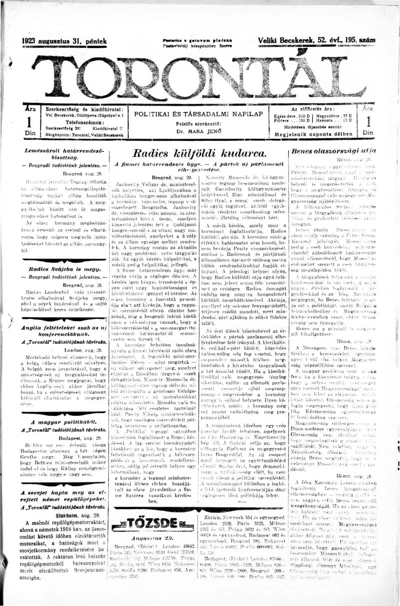 Torontál, 52. évf. 1923. augusztus 31. 195. sz.