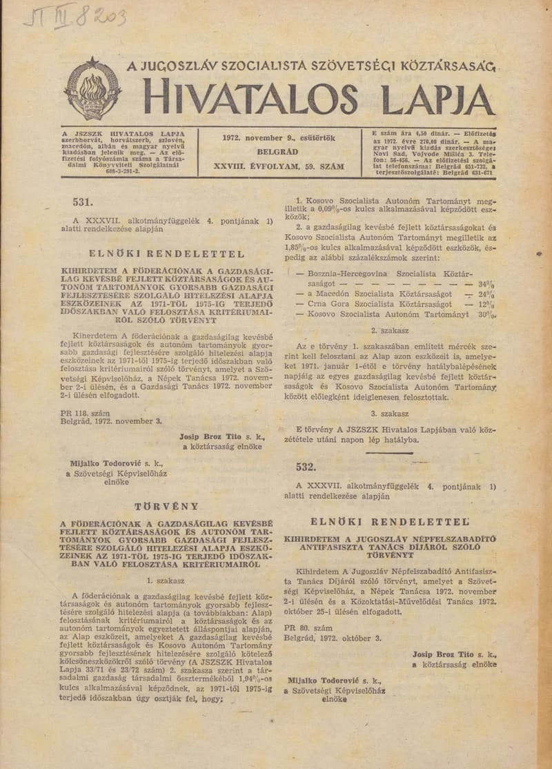 A Jugoszláv Szocialista Szövetségi Köztársaság Hivatalos Lapja, 28. évf. 1972. november 9. 59. sz. 1089–1108. oldal
