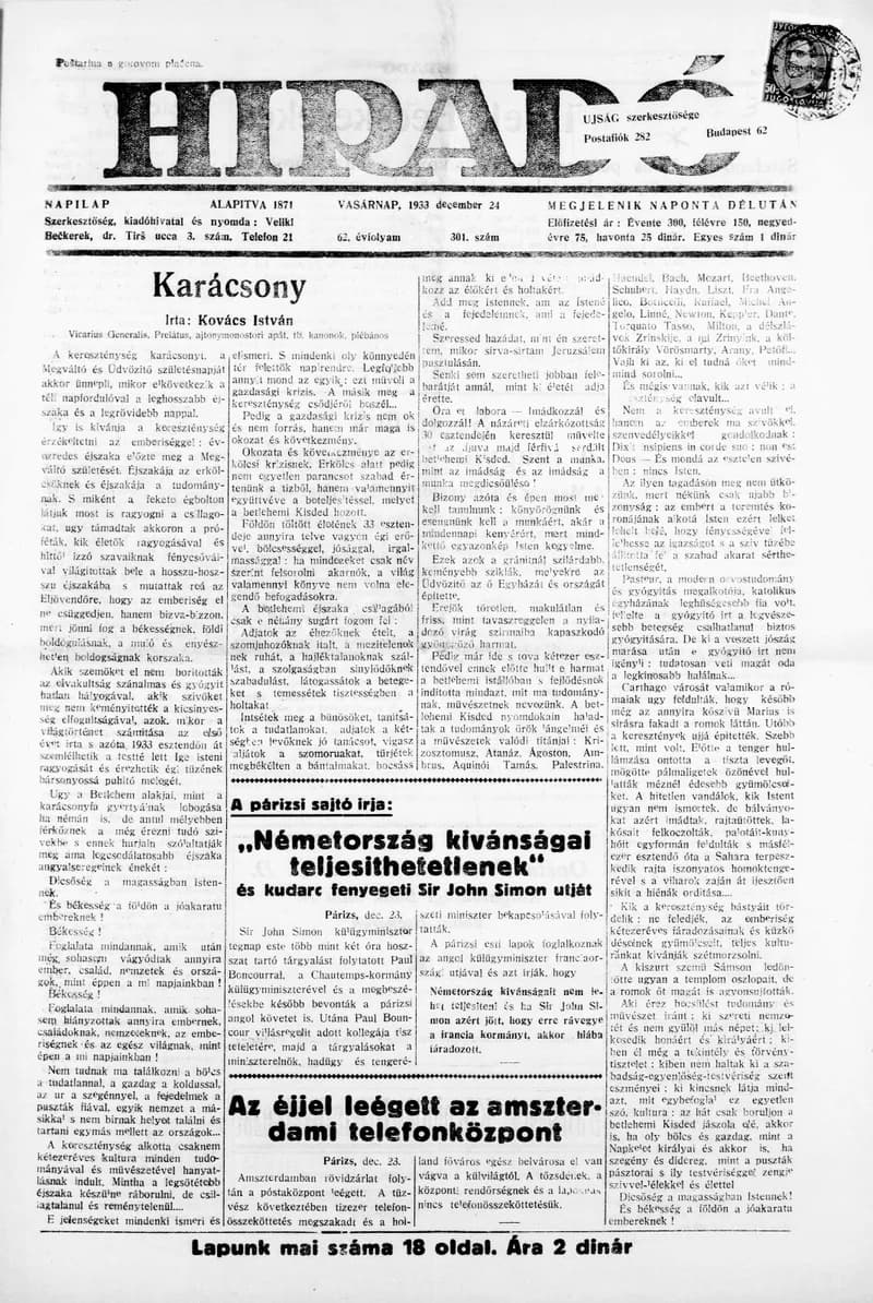 Híradó, 62. évf. 1933. december 24. 301. sz.