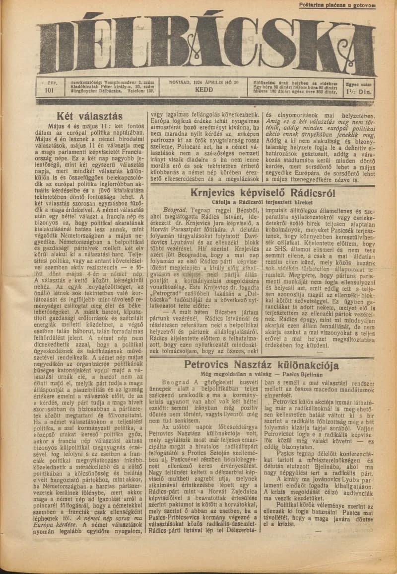 Délbácska, 5. évf. 1924. április 29. 101. sz.