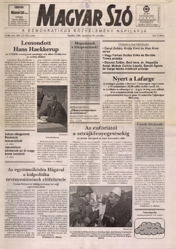 Magyar Szó, 58. évf. 2001. december 29. 299. sz. 1–16. oldal