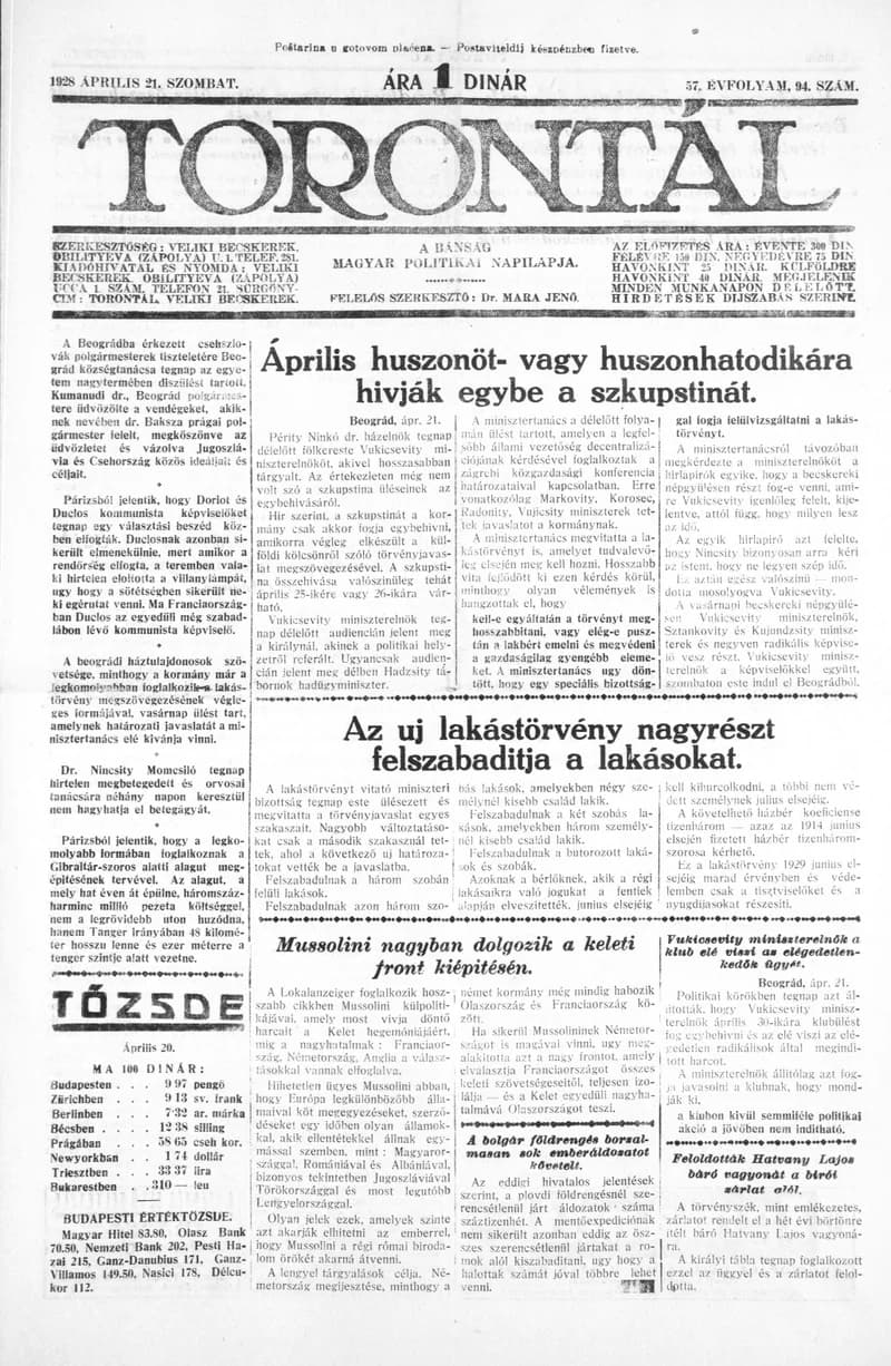 Torontál, 57. évf. 1928. április 21. 94. sz.