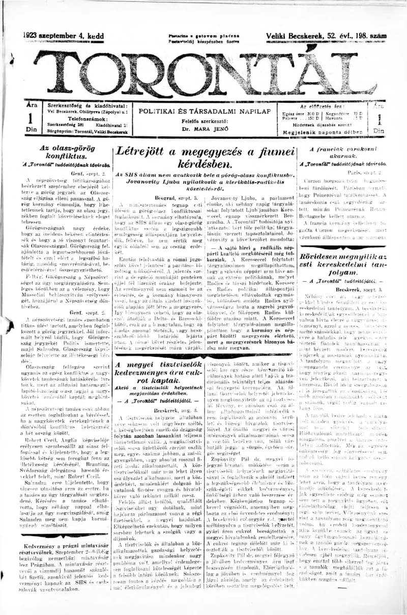 Torontál, 52. évf. 1923. szeptember 4. 198. sz.