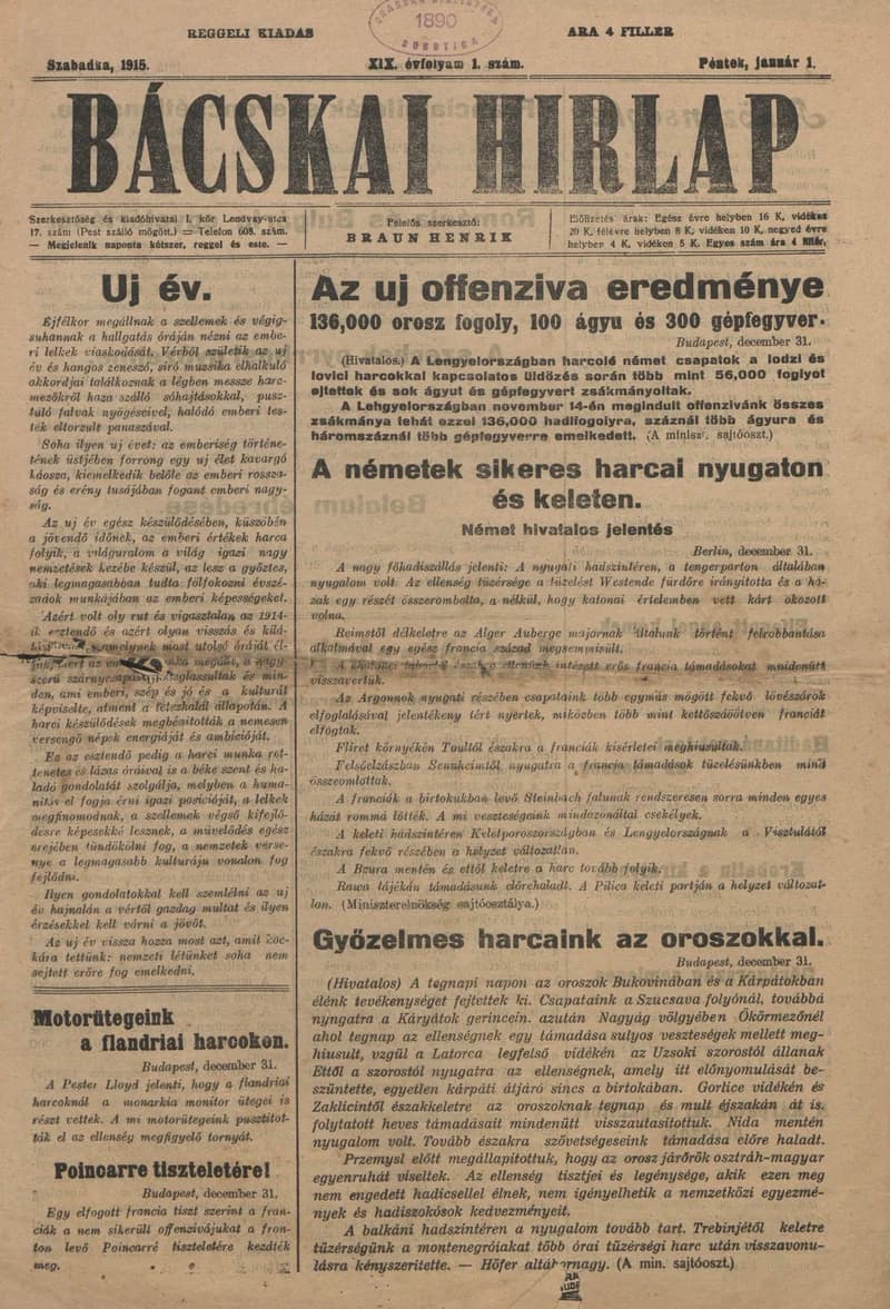 Bácskai Hirlap, 19. évf. 1915. január 1. 1. sz.