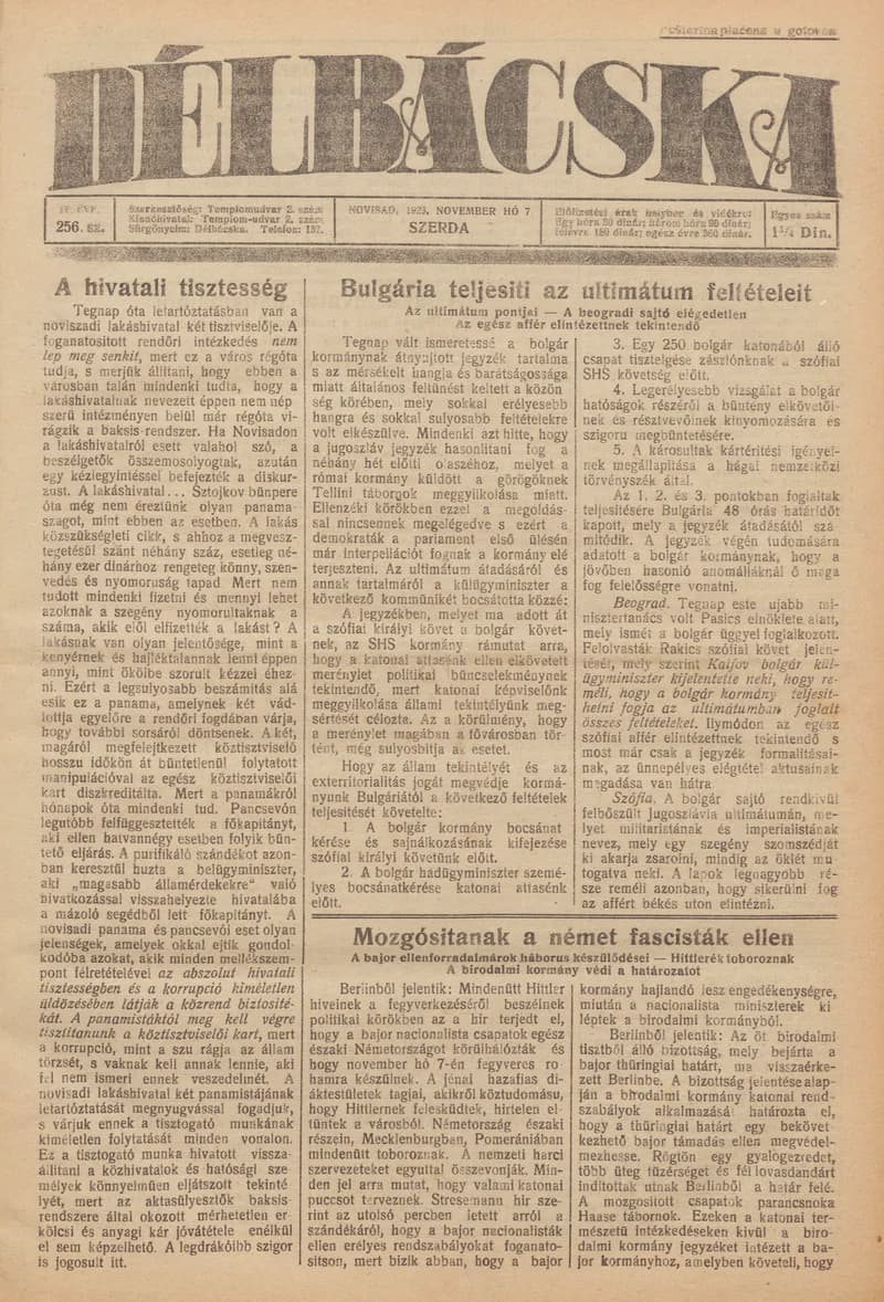 Délbácska, 4. évf. 1923. november 7. 256. sz.