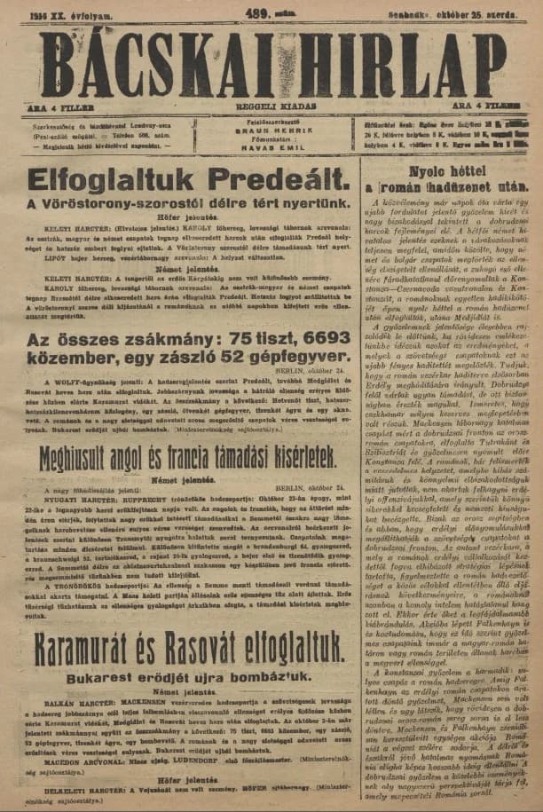 Bácskai Hirlap, 20. évf. 1916. október 25. 489. sz.