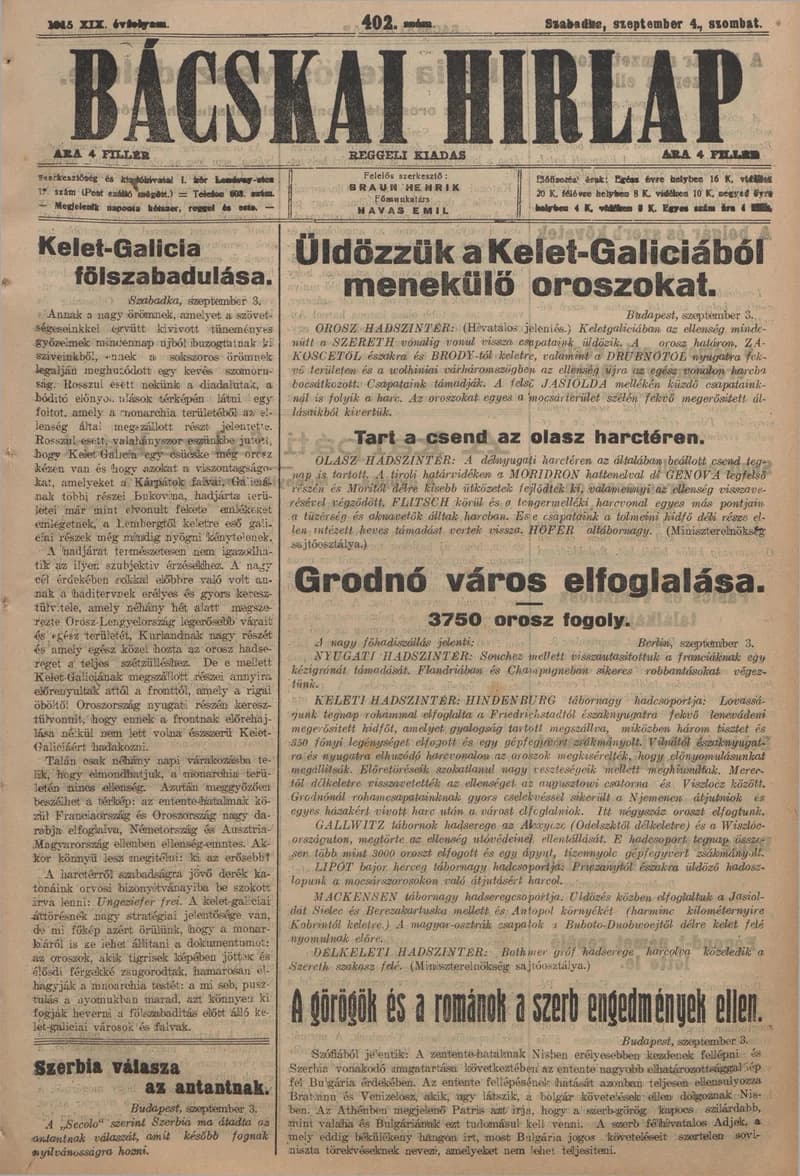 Bácskai Hirlap, 19. évf. 1915. szeptember 4. 402. sz.