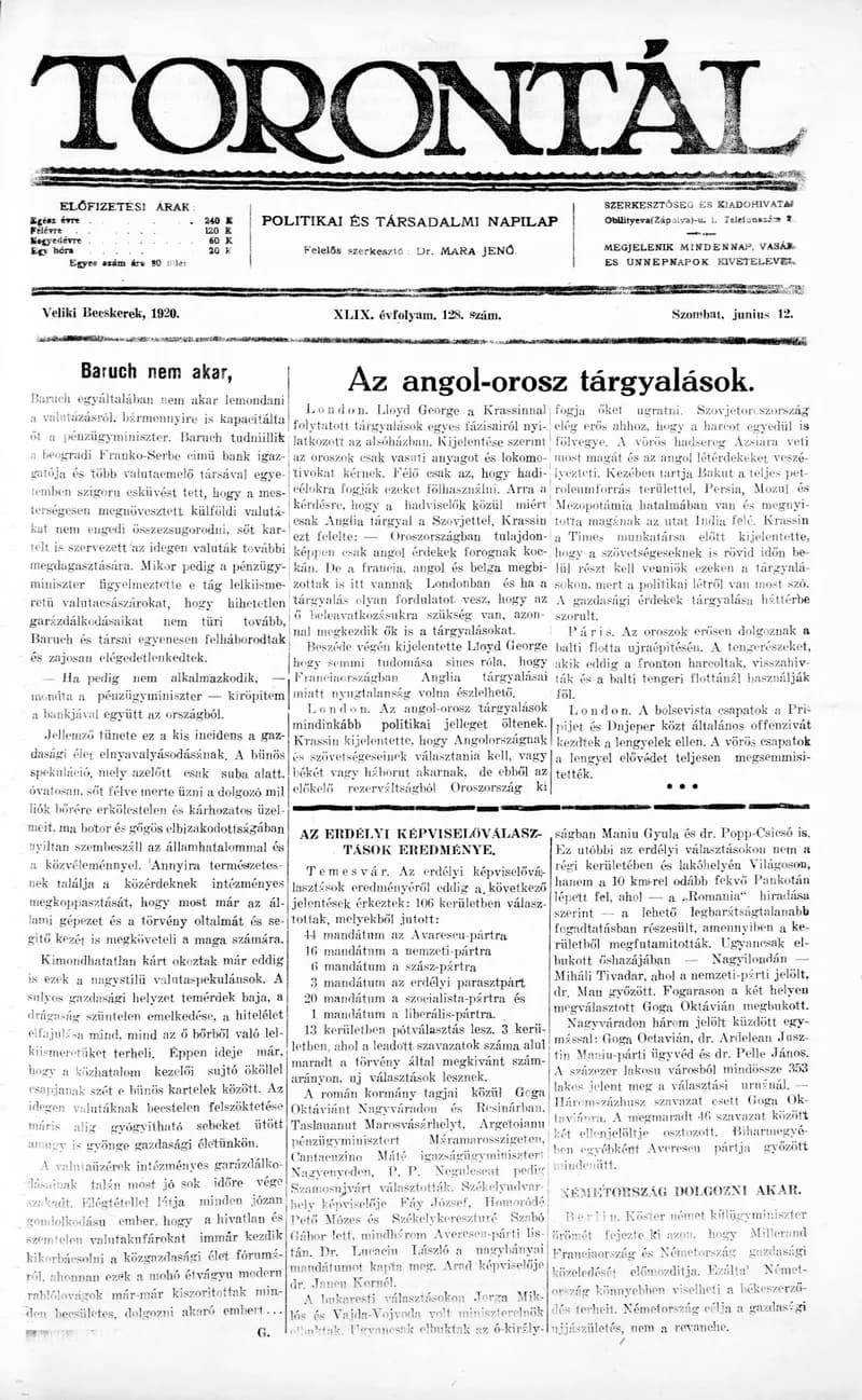 Torontál, 49. évf. 1920. június 12. 128. sz.