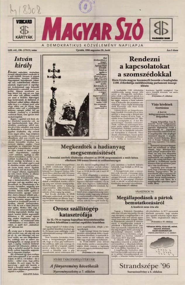 Magyar Szó, 53. évf. 1996. augusztus 20. 196. sz. 1–16. oldal