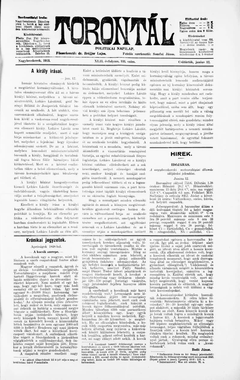 Torontál, 42. évf. 1913. június 12. 133. sz.