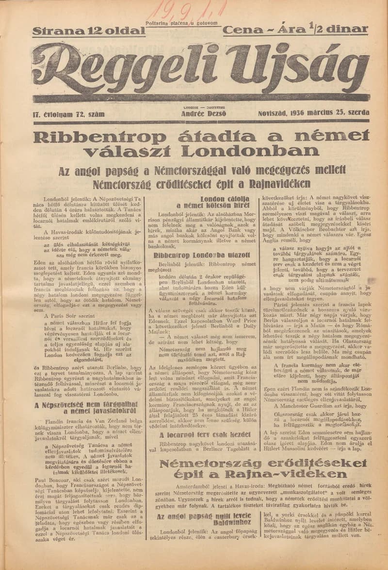 Reggeli Újság, 17. évf. 1936. március 25. 72. sz.