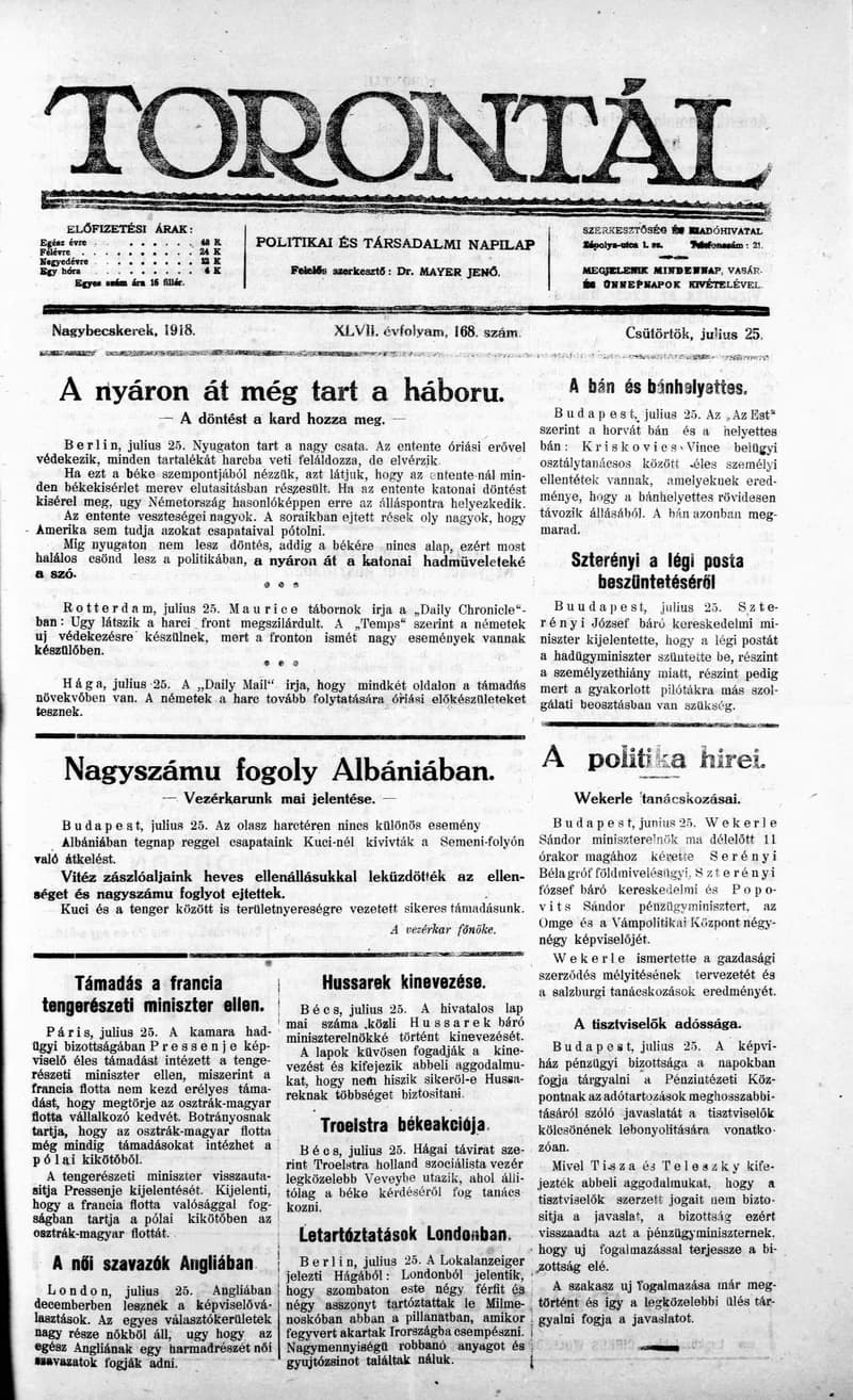Torontál, 47. évf. 1918. július 25. 168. sz.