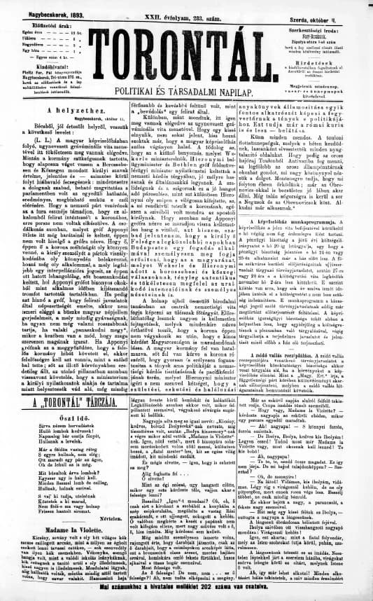 Torontál, 22. évf. 1893. október 11. 233. sz.
