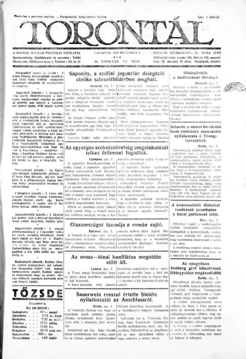 Torontál, 58. évf. 1929. december 8. 283. sz.