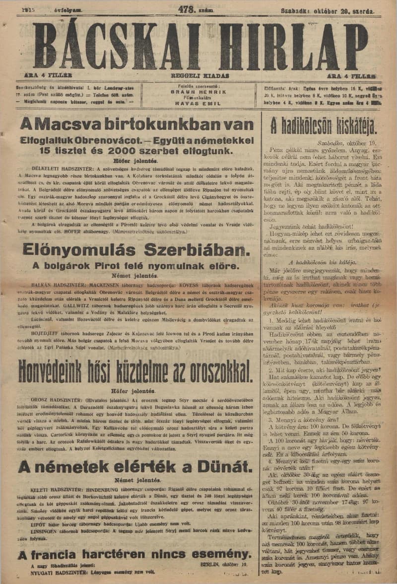 Bácskai Hirlap, 19. évf. 1915. október 20. 478. sz.