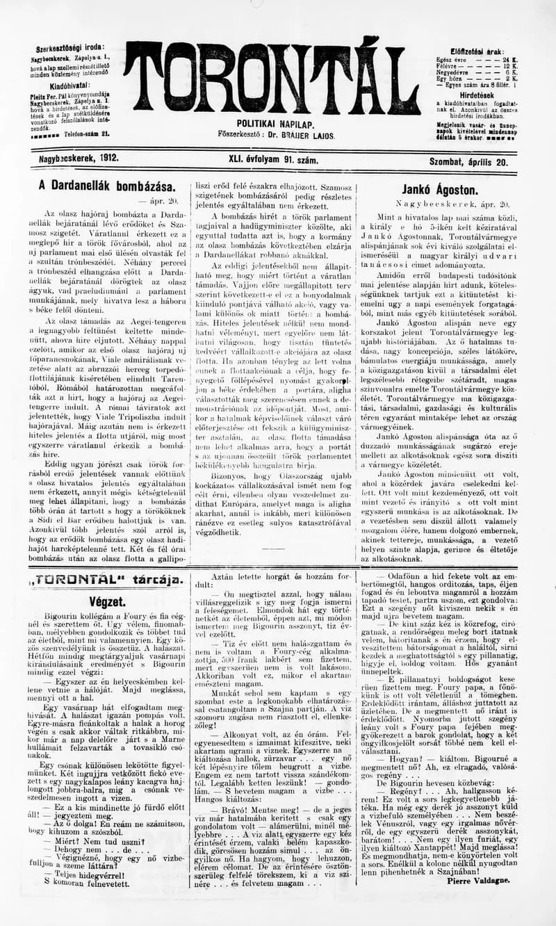 Torontál, 41. évf. 1912. április 20. 91. sz.