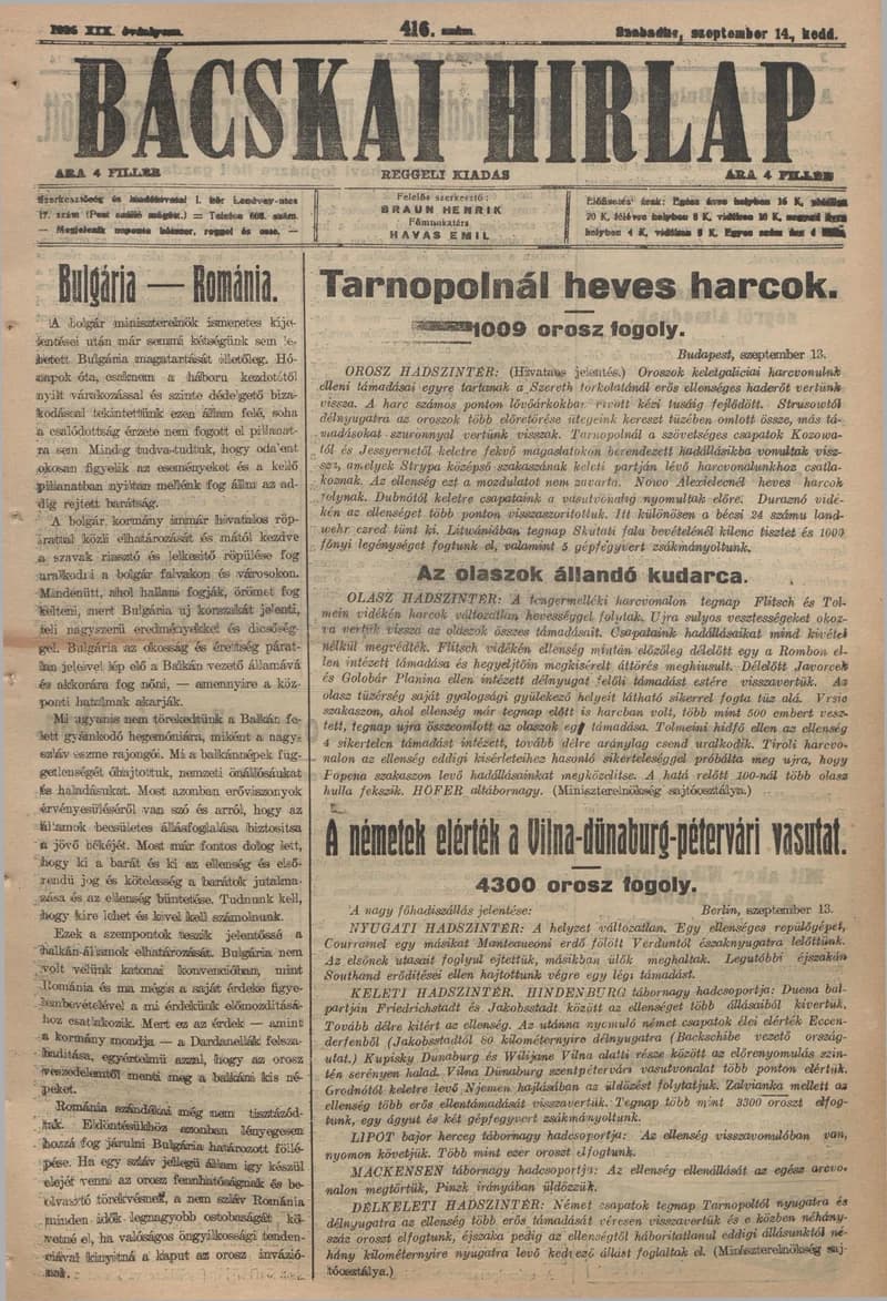 Bácskai Hirlap, 19. évf. 1915. szeptember 14. 416. sz.