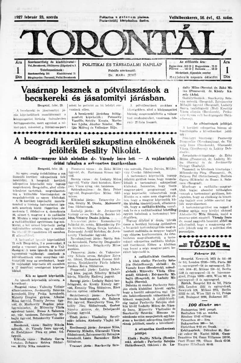 Torontál, 56. évf. 1927. február 23. 43. sz.