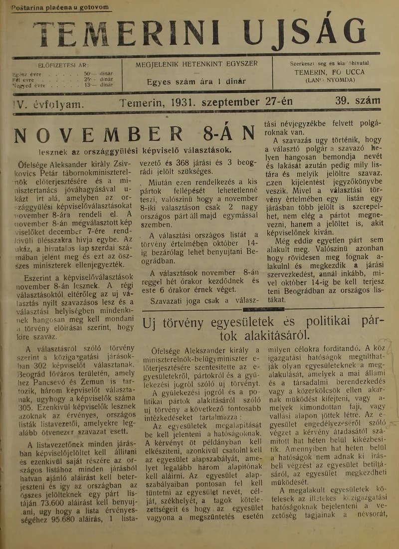 Temerini Újság 1928-1944, 4. évf. 1931. szeptember 27. 39. sz.