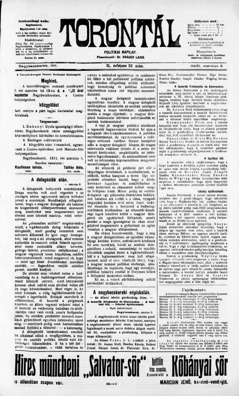 Torontál, 40. évf. 1911. március 6. 53. sz.