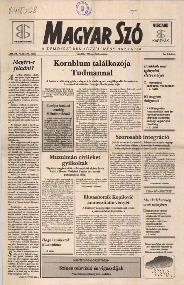 Magyar Szó, 53. évf. 1996. április 3. 79. sz. 1–16. oldal