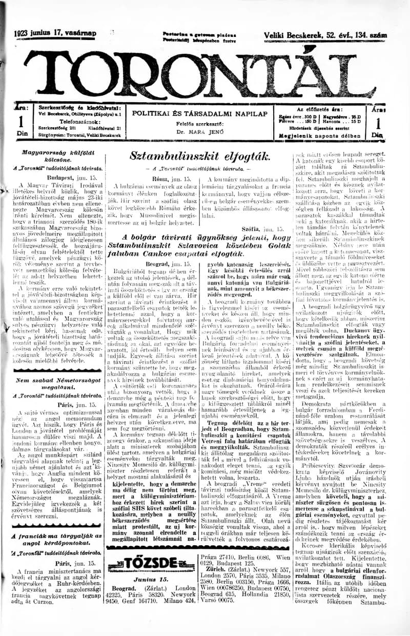 Torontál, 52. évf. 1923. június 17. 134. sz.
