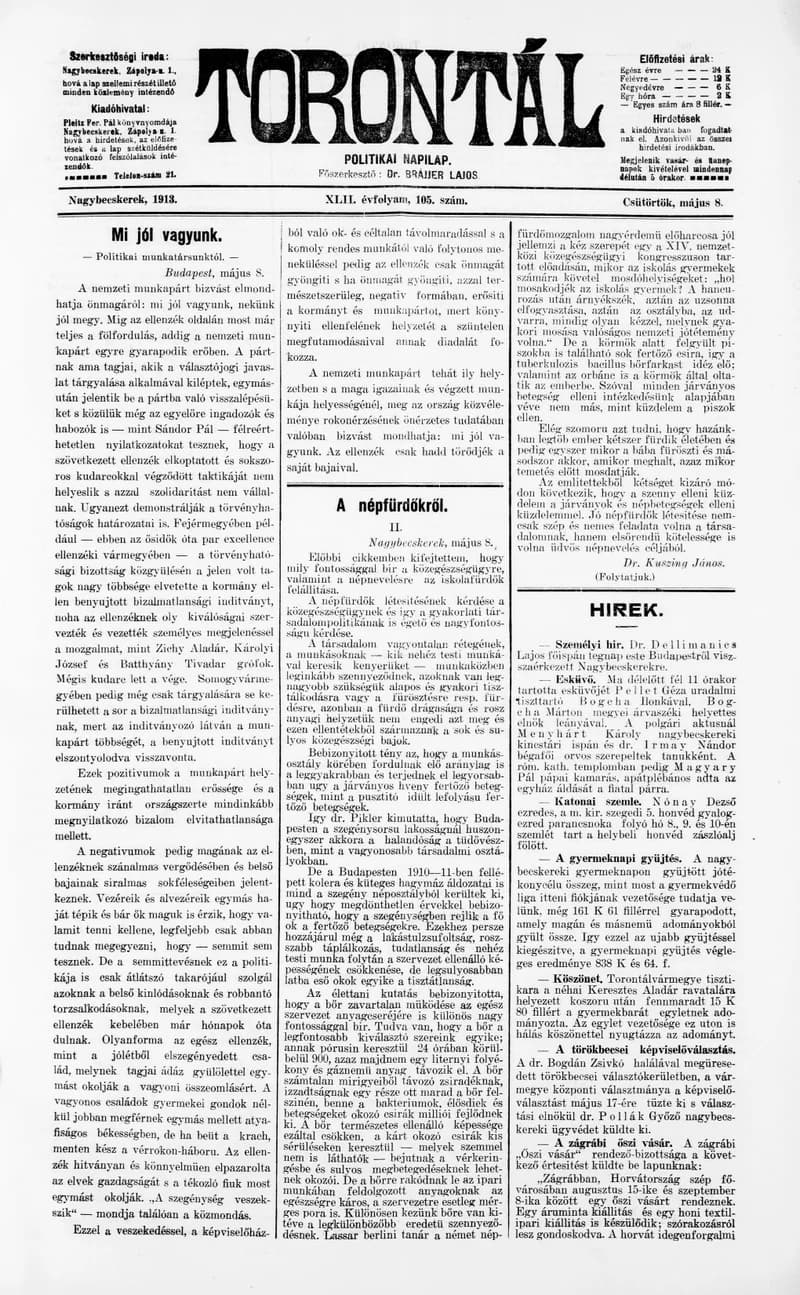 Torontál, 42. évf. 1913. május 8. 105. sz.