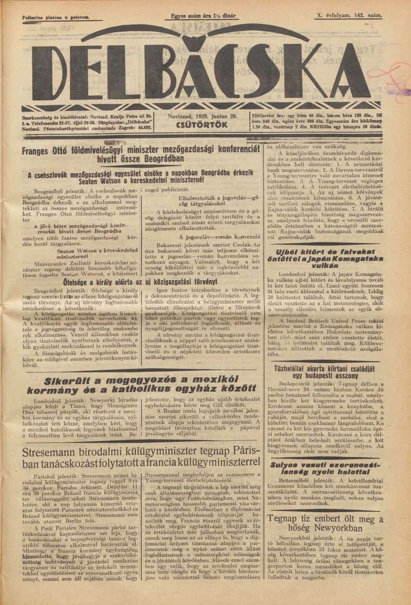 Délbácska, 10. évf. 1929. június 20. 142. sz.