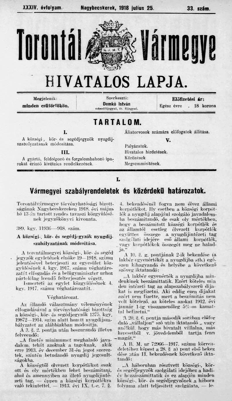 Torontál Vármegye Hivatalos Lapja, 34. évf. 1918. július 25. 33. sz.