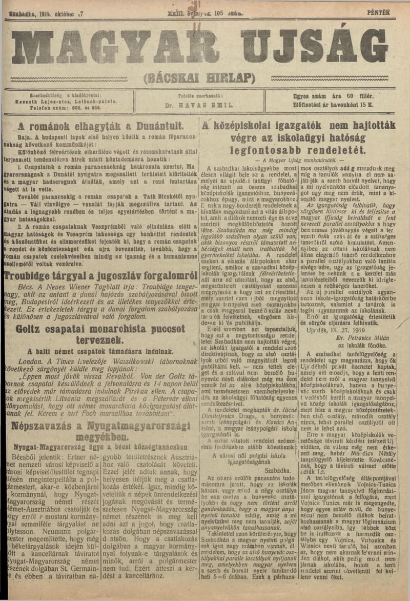 Bácskai Hirlap, 23. évf. 1919. október 17. 105. sz.