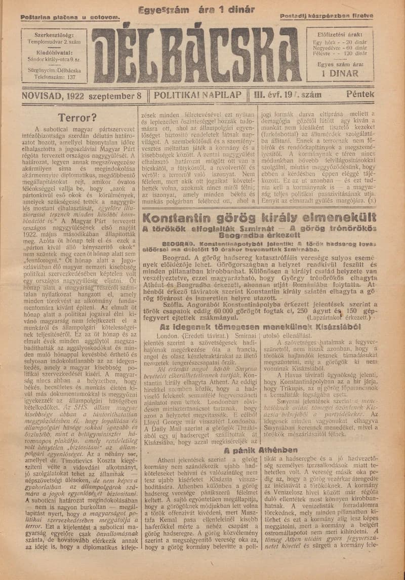 Délbácska, 3. évf. 1922. szeptember 8. 197. sz.