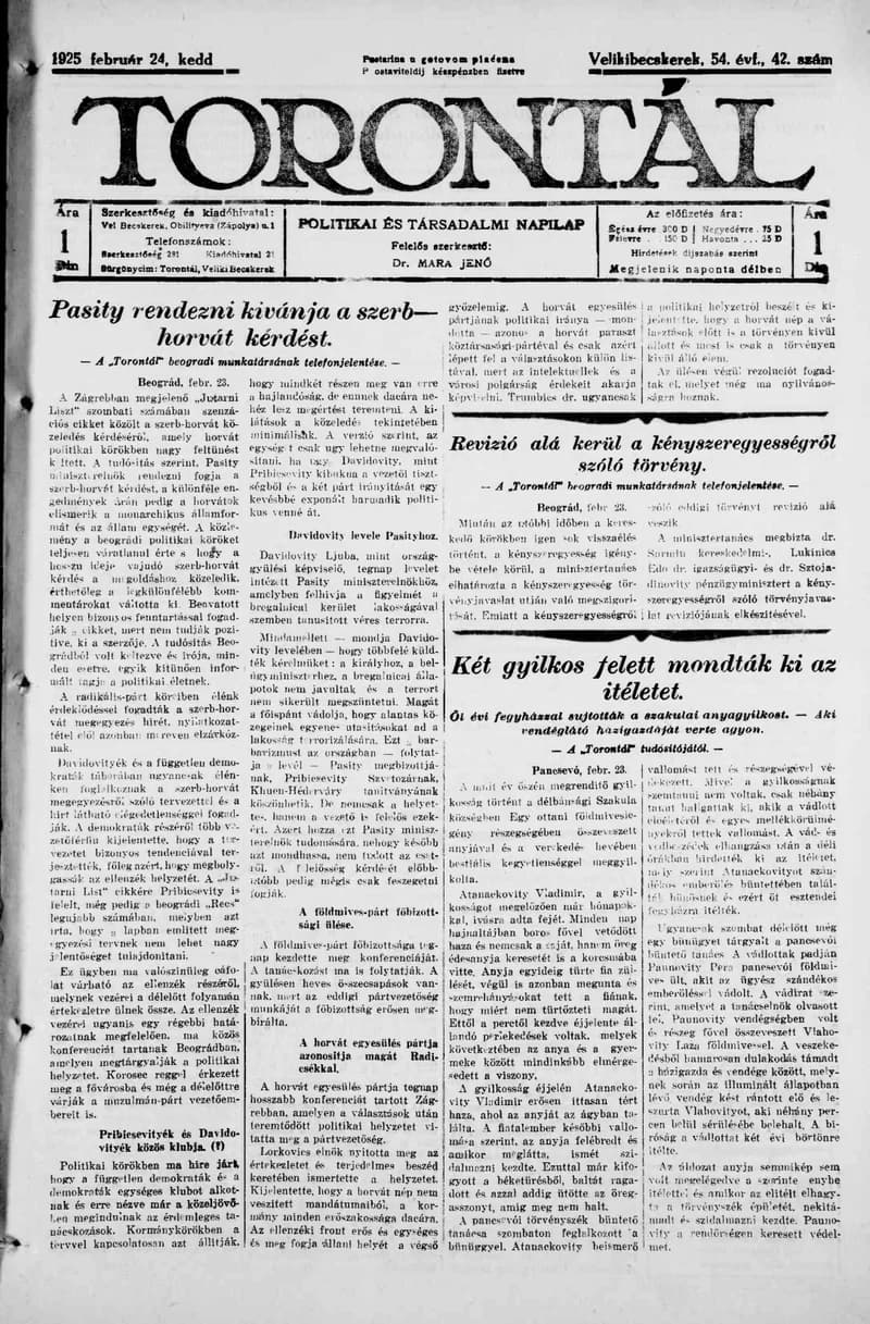 Torontál, 54. évf. 1925. február 24. 42. sz.