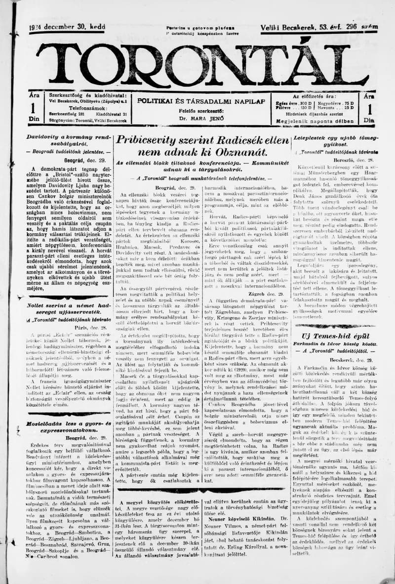 Torontál, 53. évf. 1924. december 30. 296. sz.