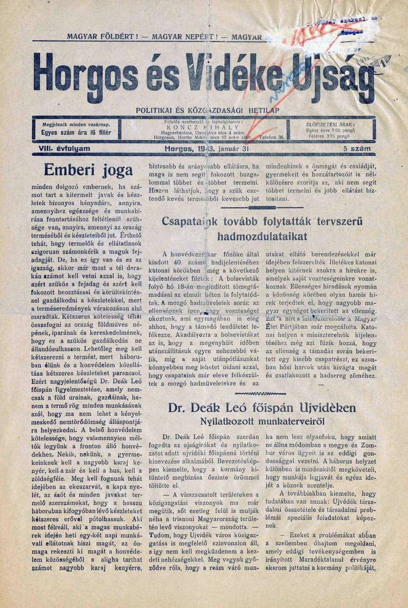 Horgos és vidéke, 8. évf. 1943. január 31. 5. sz.