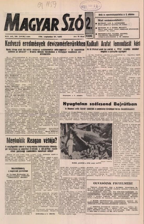 Magyar Szó, 43. évf. 1986. szeptember 29. 268. sz. 1–20. oldal
